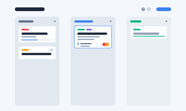 A minimalist digital interface design featuring three distinct vertical columns with card elements
