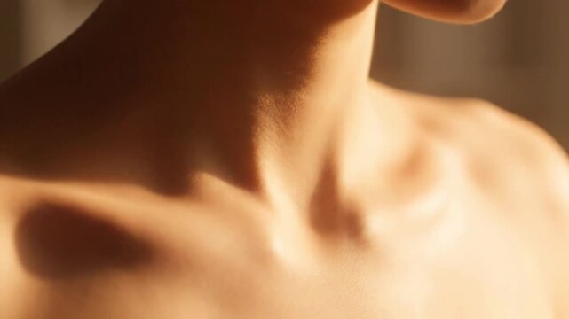 Close-up of human neck and shoulders with prominent collarbones in warm light