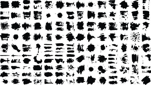 Collection of various black ink brush strokes and splatters on white background for graphic design elements  artistic textures