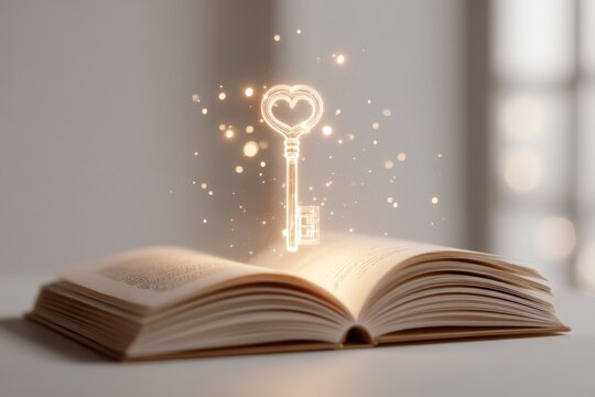 A glowing key icon floating above an open book with soft glowing light