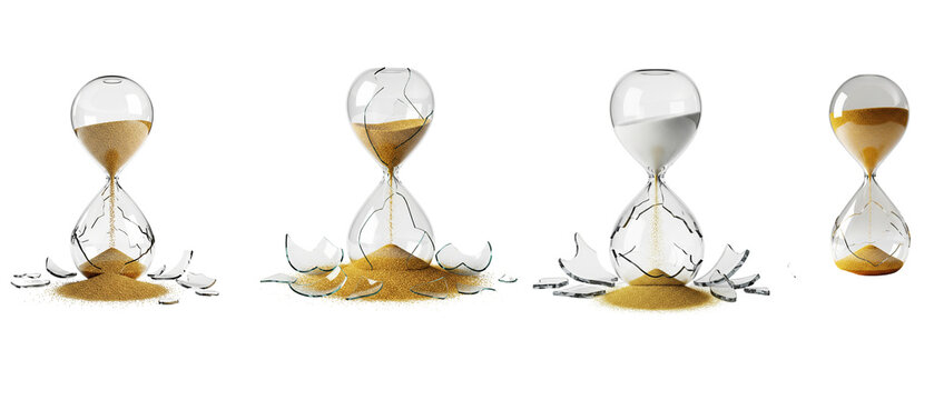 Four Hourglasses Showing Stages of Time Passing and Breaking.