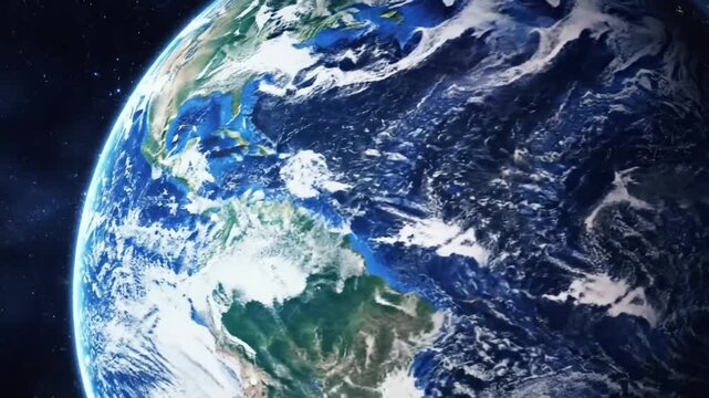 Rotating Earth planet with vibrant blue oceans and continents, set against a star-filled space backdrop