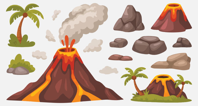  Volcanic landscape with erupting volcano and tropical elements