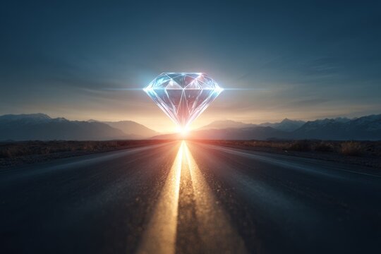 A glowing diamond icon glowing at the end of a road leading into the distance, sunrise lighting