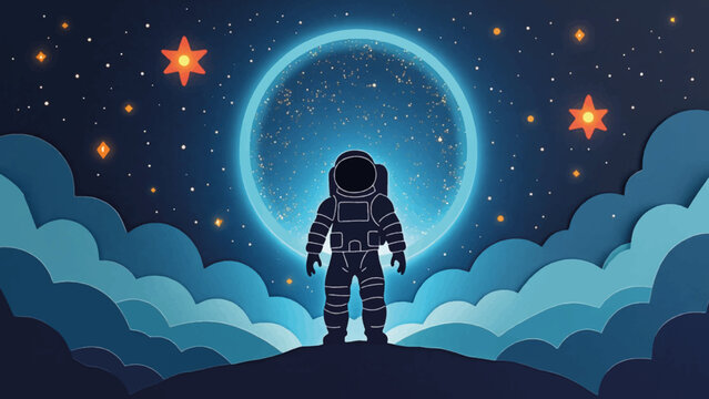 Vector illustration of astronaut standing on hill with glowing moon and stars
