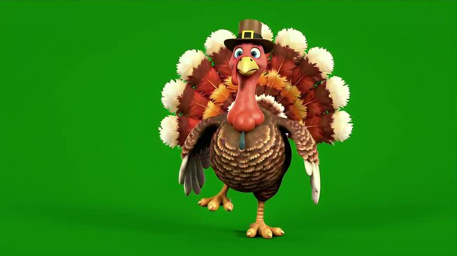 Animated Thanksgiving Turkey Character with Festive Hat and Glowing Tail Feathers Dances on Green Screen Background for Holiday Celebrations and Advertising
