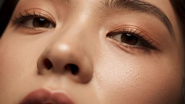 Close-up of a beautiful woman's face with natural skin and makeup