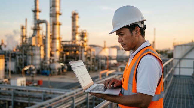 Site engineer in hard hat and high vis vest typing on laptop at refinery platform during sunset. Field specialist monitoring industrial plant operations and inspecting oil gas processing