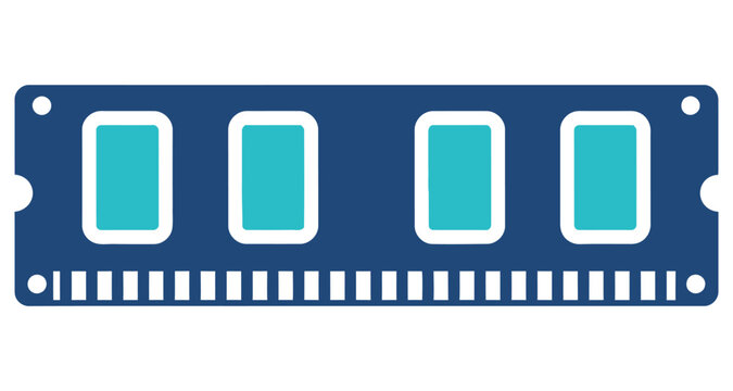 Computer RAM Module with Blue Circuit Board and Teal Memory Chips on White Background