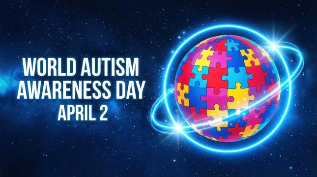World autism awareness day april 2 puzzle globe with glowing blue ring