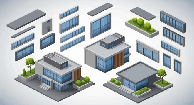 Isometric city buildings vector illustration of urban residential houses apartments street map design