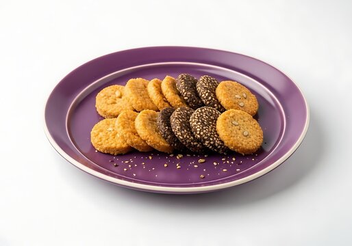Assorted cookies on a purple plate with white trim and sesame seeds