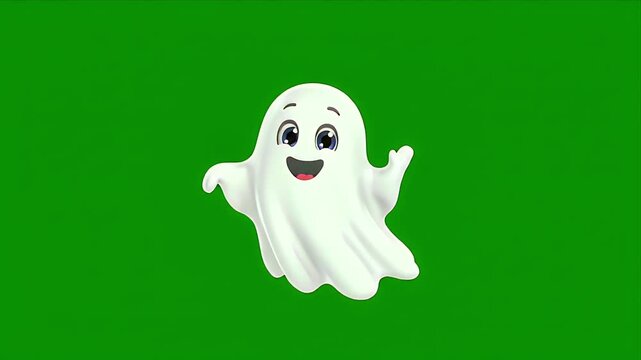 Cute cartoon ghost character dancing joyfully against a vibrant green screen background perfect for holiday animations and spooky themed projects