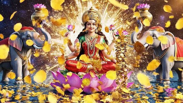 Elegant Goddess Lakshmi Surrounded by Elephants and Golden Coins in a Serene Lotus Pond