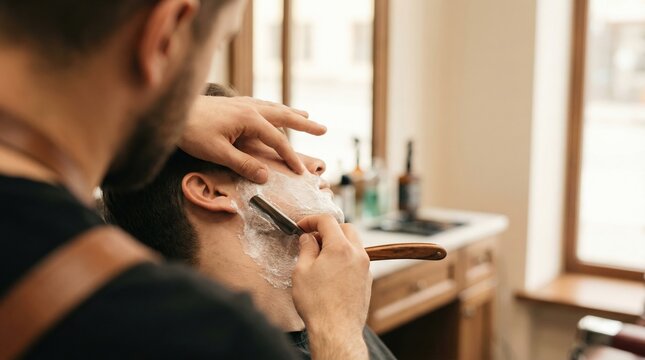 Professional Barber shaving a young white man with straight razor and rich lather in a vintage barbershop. Specialist performing a traditional wet shave at a wooden countertop barbershop station with