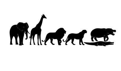 African safari animal silhouette set elephant giraffe lion cheetah hippo crocodile vector isolated on white background © Sifat