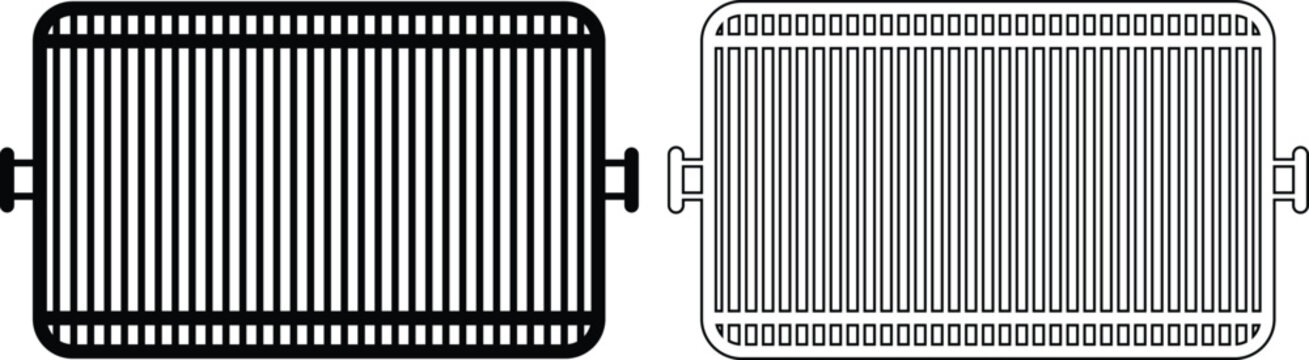 Black barbecue grill grate icon set collection group, bbq cooking grid rack symbols, flat and line style vector, outdoor grill equipment, kitchen barbecue tools grate rack icons pack