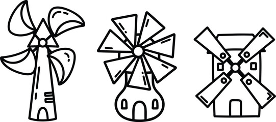 Fototapeta premium Three different cartoon style windmills with various blade designs and tower shapes in a line on white background