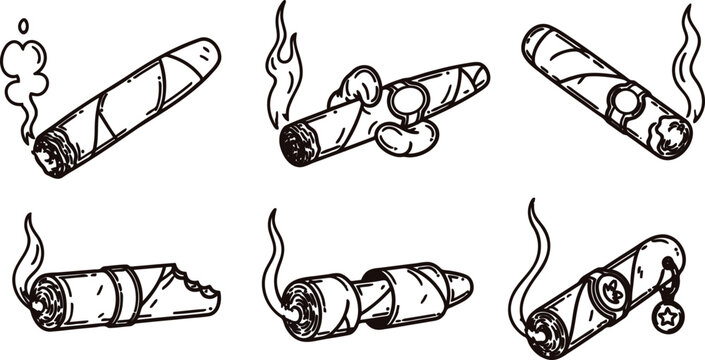 Set of six different cigars with smoke on white background