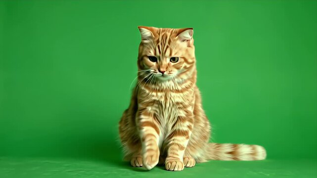 Ginger Maine Coon Cat Sitting Upright Begging with Paws Together on Green Screen Background