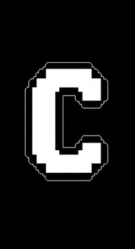 Large white pixelated letter C symbol.
