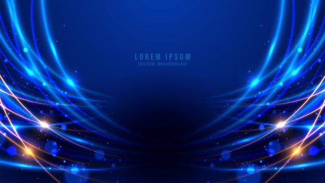 Abstract blue neon light swirl vector background. Glowing blue and orange curved lines with sparkles
