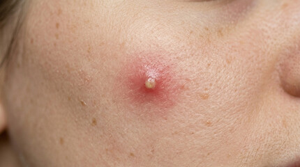Fototapeta premium Close-up of inflamed pimple on cheek of young person 