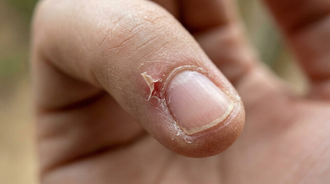 Close-up of hangnail on dry fingertip in natural setting  
