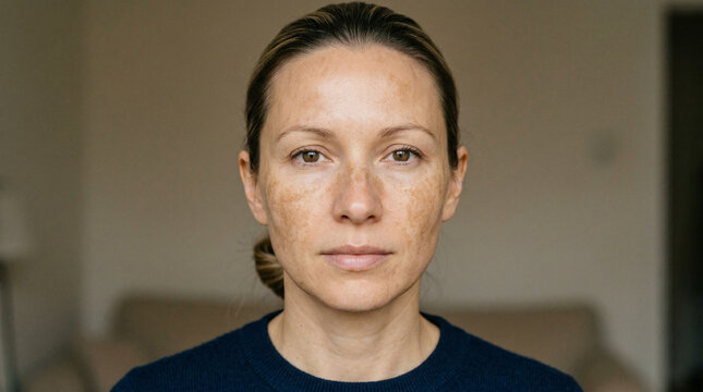 Woman with patchy skin discoloration looking directly at the camera indoors  