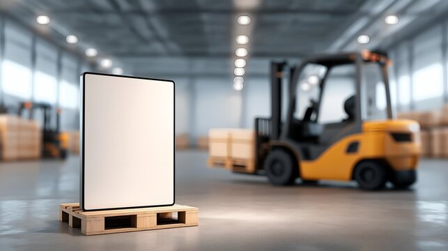 A blank sign on a wooden pallet in a warehouse, with a yellow forklift in the background ready for loading.