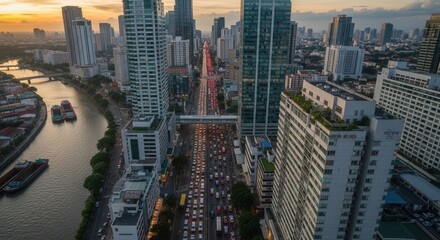 Obraz premium Urban Metropolis Aerial View Dusk Traffic Riverfront Towers