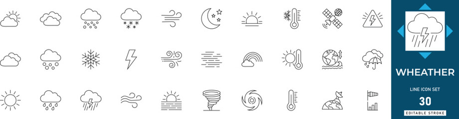 Weather line icon set featuring forecast, climate, nature, temperature, seasons, atmosphere, and cloud. Professional editable vector illustration.  © MdAzizar