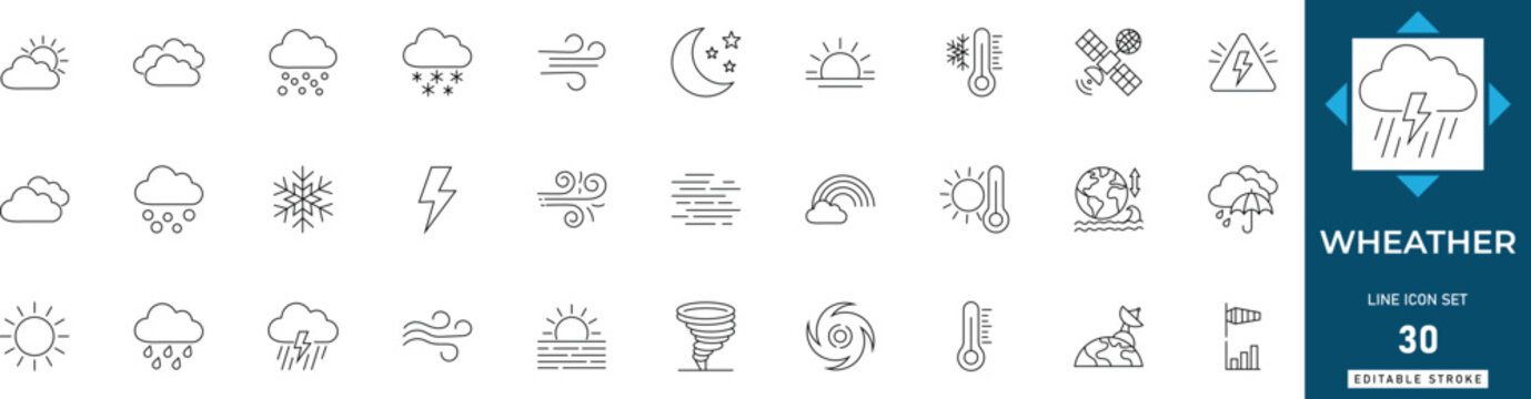 Weather line icon set featuring forecast, climate, nature, temperature, seasons, atmosphere, and cloud. Professional editable vector illustration.
