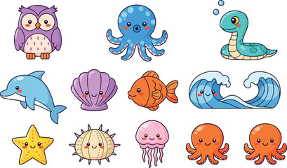 Cute Cartoon Sea Animals Set with Octopus, Fish, Dolphin, Owl, Snake, Starfish, Jellyfish, and Ocean Waves Illustration for Kids Education and Marine Life Designs © Saidi