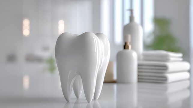 A close-up of a white dental model tooth in a modern, minimalist bathroom setting, symbolizing dental care.
