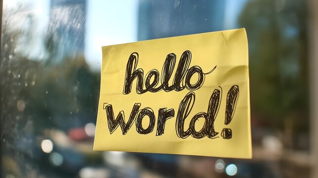 A close-up of a yellow sticky note with the handwritten phrase 'hello world!' attached to a window.