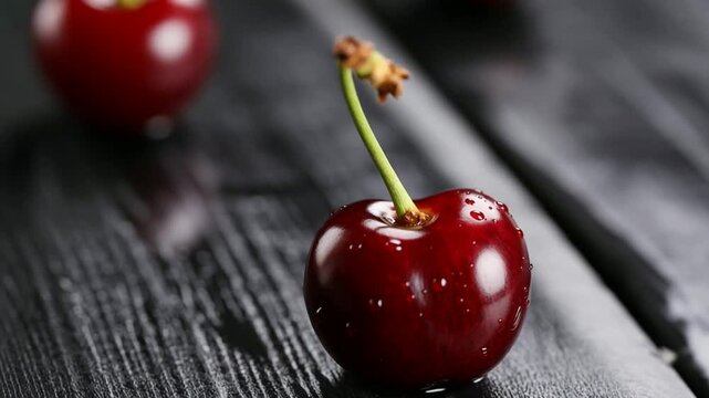 Fresh ripe red cherry with green stem and water droplets resting on dark rustic wooden surface close up macro highlighting