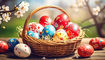 Fototapeta premium Basket of decorated Easter eggs outdoors with blossoms
