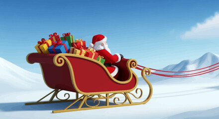 Cartoon illustration of Santa Claus on a sleigh traveling across the blue ocean water in a fishing boat vessel under a clear sky vector
