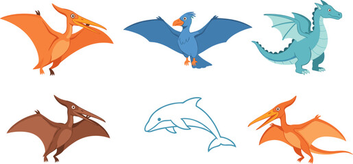 Flying Pterodactyl, Dragon, and Dolphin Cartoon Illustration Set with Prehistoric Dinosaurs and Fantasy Creatures for Kids Education, Adventure Themes, and Creative Design Projects © Saidi