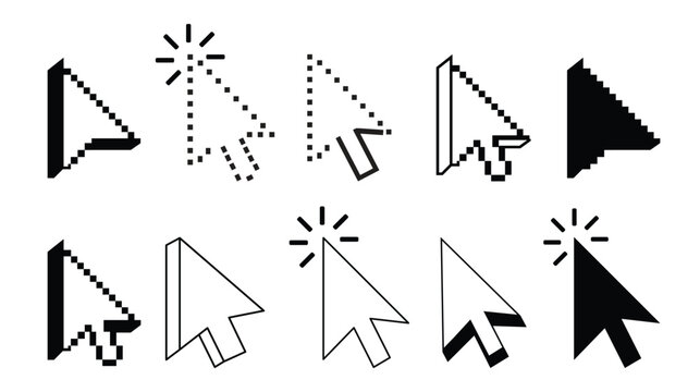 Cursors Icons Click set. Pixel Cursor set in hand and arrow forms. vector illustration.