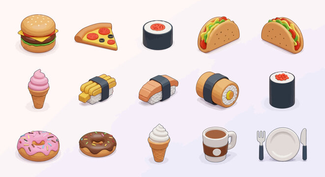 Vector illustration set of Easter eggs featuring food icons like cake, pizza, and sushi for a restaurant menu or breakfast cafe isolated on a plain background