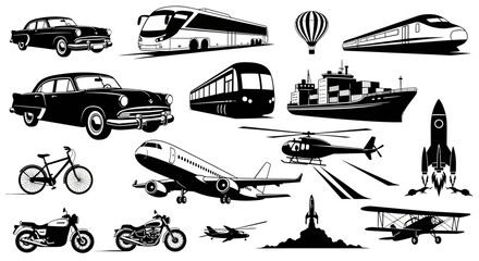 Black silhouette transportation icon set featuring ships boats submarines yachts tankers and military vessels for sea travel and cargo transport © Rizky