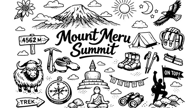 Mount Meru summit illustration with trekking icons and symbols
