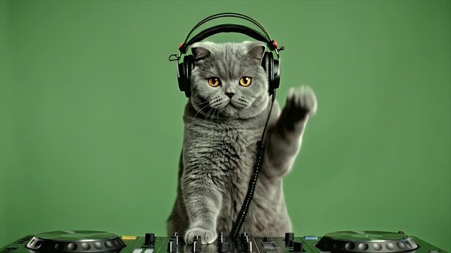 Playful Grey Scottish Fold Cat Wearing Headphones DJs Music on Green Screen Background with Paw Raised