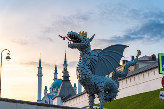 Dragon Zilant - the symbol of the city of Kazan and the Kul Sharif mosque of the Kazan Kremlin. Russia. Summer evening view