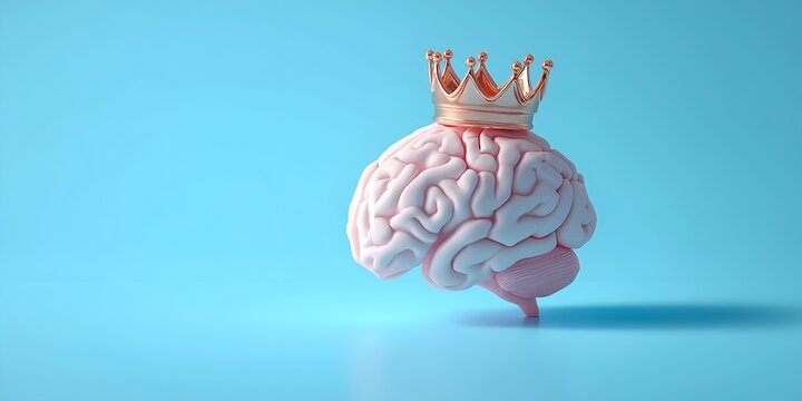 A creative representation of a brain wearing a crown, symbolizing intelligence, leadership, and mental power.