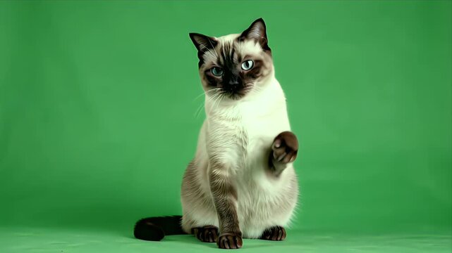 Siamese Cat Sitting and Waving Paw on Solid Green Background Studio Lighting Professional Shot Elegant Domestic Pet Performing Simple Gesture