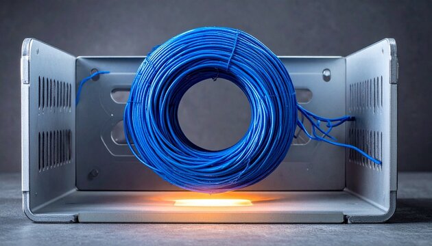 Close-up electrical coil with copper windings and blue wire