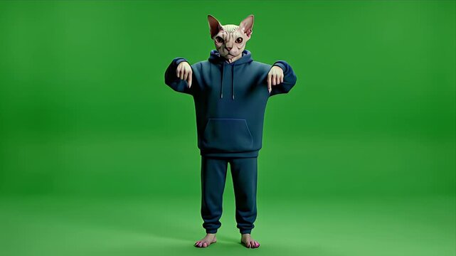 Sphynx Cat Head Human Body Wearing Blue Hoodie and Sweatpants Dancing Against Green Screen Background